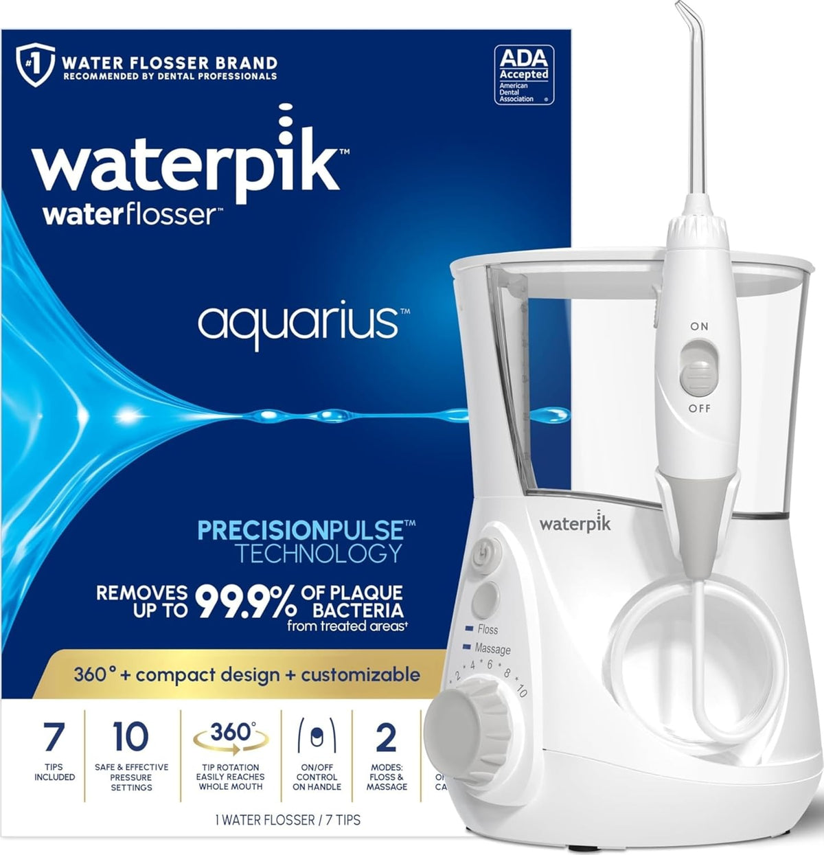 Waterpik Aquarius Water Flosser WP-660 – 10 Pressure Settings, 7 Tips, White